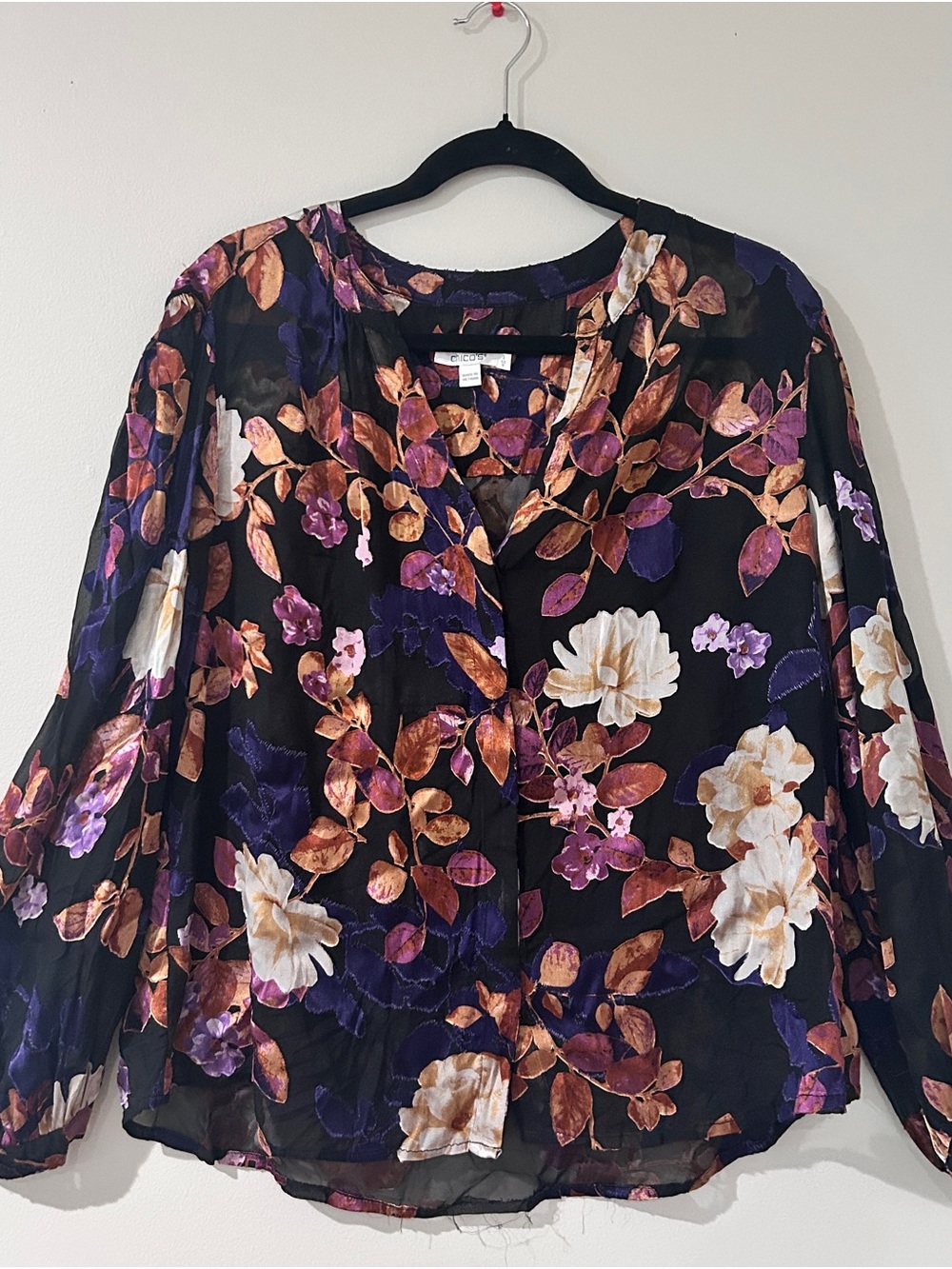 Chico's Black Floral V-Neck Blouse with Purple & Cream Accents